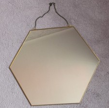 Slim Brass Rimmed Hexagonal Wall Mirror 16 Inches