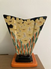 Myott & Son Art Deco hand painted ceramic stepped pedestal vase, Daffodil floral