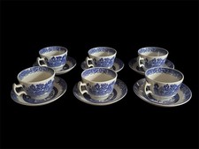 Vintage Woods Ware Blue and White Willow China Tea Cups & Saucers Set of 6