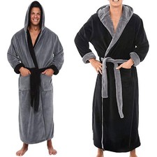 Mens Gents Dressing Gown Long Sleeve Hooded Lounge Robe Soft Cozy Extra Warm UK