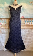 Evening Dress 14 Black Grey Lace Glitter QUIZ/Debut Fishtail Bardot Stretch Maxi