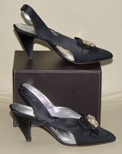 RAYNE Black Satin Shoes Pearls Diamonds Size 7 Broad Slingbacks VGC US 7 / 40 