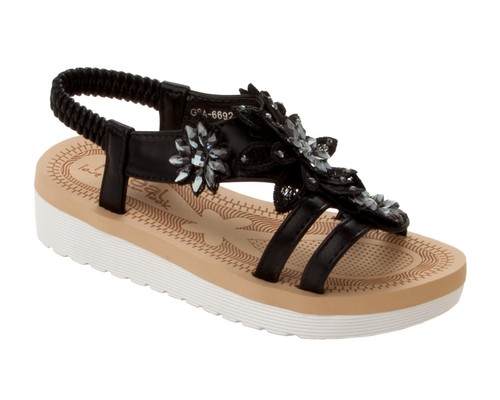 Girls black flower low - black, wedge