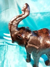 Vintage Black/Brown Leather Elephant Glass Eye Ornament Sculpture 13 Inches Tall