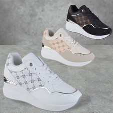 WOMENS LADIES MID WEDGE HEEL PLATFORM LACE UP CHUNKY FASHION TRAINERS PUMPS SIZE