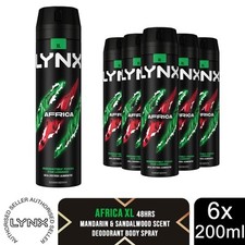 Lynx XL Africa Body Spray 48H Fresh Mandarin & Sandalwood Scent Deo, 6x200ml