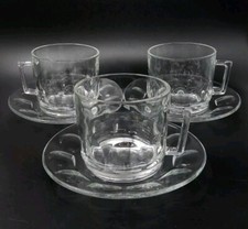 6 Pc Set Coffee Cups/Cans & Saucers, Arcoroc Clear Glass Britannia Thumbprint  