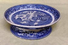 Antique Blue Willow Pattern Cake Cheese Bowl Footed Stand - D: 22cm  H: 7 cm