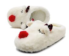 Womens Reindeer Novelty Slippers Wide Fitting Christmas Faux Fur Lined Mules