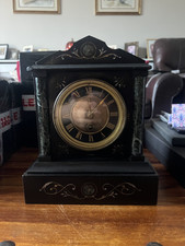 Beautiful Antique French Slate and Green Marble Timepiece Mantle Clock in Full W