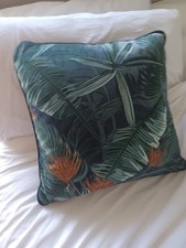 Fab Dark Green Velvet Feel Tropical Leaf Print Cushion. Feather Inner.