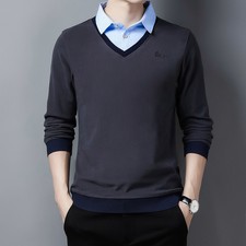 Men's Top Shirt Jumper Button Collar Mock Shirt V Neck Shirt Insert Jumper Shirt