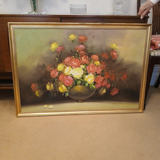 Vintage Oil/Acrylic Canvas Painting Rose Flower Bowl Signed Framed Large 38"x26"