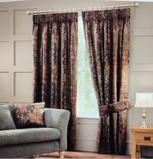 Dunelm Belmont Burgundy Velvet Lined Pencil Pleat Curtains W66x54 ins & Tiebacks