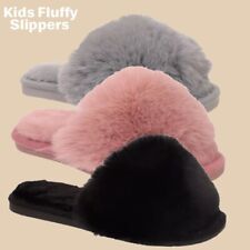 Girls Kids Slip On Fluffy Warm Faux Fur lined Cosy Bedroom Home Winter Slippers