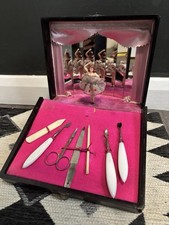Vintage 1950s Japanese Black Pink Ballerina Manicure Set Box Case