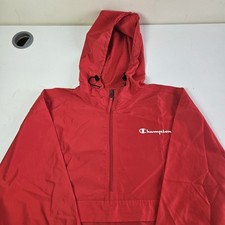 Champion Men's Red Hooded Windbreaker Jacker Half Zip Packable Raincoat Large