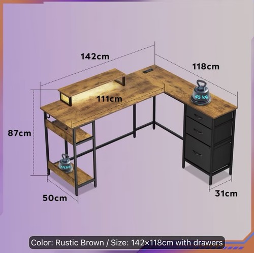 Corner desk with - corner, drawers,142cm