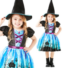 Moonlight Witch Costume Girls Halloween Witches Fancy Dress Outfit + Hat Age 3-1