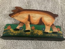 Charming Vintage Wooden Pig Picture with Farm House /Narrow Boat Style Painting