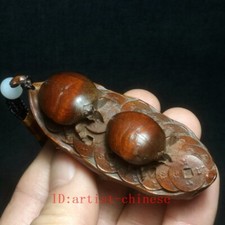 3 Inch Boxwood Hand carved Beetle Bean Coin Figure Netsuke Old Collectable Gift