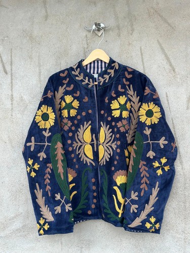 Blue floral velvet suzani - floral,