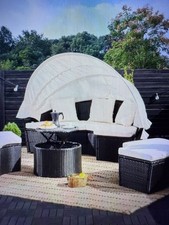 Outdoor Rattan Garden Day Bed Black/Cream Telescopic Table 185cm Comfort NEW