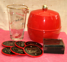 VINTAGE 1950S/60S/70S, GLASS COCKTAIL JUG, COASTERS, RED INSULEX ICE BUCKET, BAR