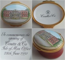 Vintage Halycon Days Enamel Trinket Pill Box Coutts & Co Isle of Man June 1991