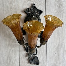 Vtg. Tiffany Style Wall Light 3 Trumpet Lily Pad Amber Glass Shades Art Nouveau