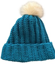 Crochet Ribbed Beanie With Faux Fur Pom Pom - Adult Size! Reef
