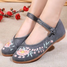 Lady Embroidered Hanfu Buckle Shoes Floral Old Beijing Flat Loafers Summer Soft
