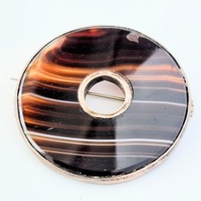 Antique circular fly plaid brooch, banded agate, sterling silver. Spare repair