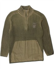 JEEP Boys Graphic Zip Neck Jumper Sweater 9-10 Years Khaki Cotton DD14