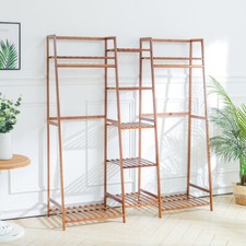 Trapezoid Bamboo Clothes Rail Garment Hanging Stand Open Wardrobe w/9 Shelves