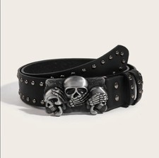 3 Skull Metal Buckle Punk Faux Leather Rivet Studed Belt Alloy Casual Attire