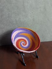 African Zulu Handmade Woven Telephone Wire Basket Bowl Orange White Spiral