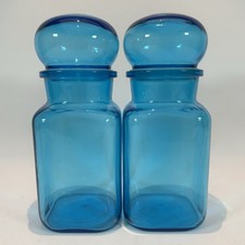 VTG Pair Of Turquoise Blue Apothecary Jars Square Bubble Lids MCM Retro Storage
