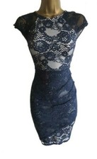 Lipsy Bodycon Wrap Lace Dress 16 Navy Blue Cream Party Evening Occasion Wedding