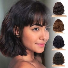 10''Curly Bob Wig with Bangs Short Bob Wavy Wigs Shoulder Length Wig for Women