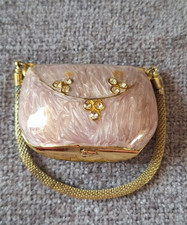 Vintage Enamel Mini Handbag Trinket Box .Pink & Gold .Crystal Accents.5 cm.