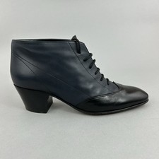 Michel Perry Black Navy Leather Bootie Victorian Lace Up Dress Boots EU37 UK4