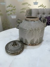 Vintage Pottery Storage Jar Lid Pot Grey Drip Glaze rustic farmhouse country 