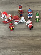 Vintage Wooden Christmas Ornaments Set Of 7 Carousel Train Rocking Horse