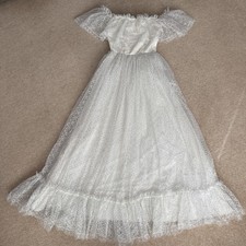 *VTG ROMANTICA 1970s/80s WHITE/SILVER THREAD LACY NYLON FULL SKIRT BRIDAL GOWN*