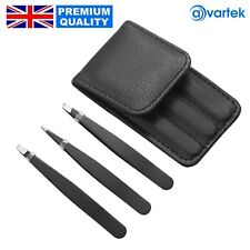Tweezers Set 3 Piece Professional Stainless Steel Eyebrow Hair Pluckers + Case