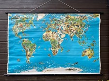 Large rare  Vintage MAP of the WORLD  school chart TRADE pictorial linen poster