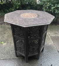 Antique Octagonal Folding Anglo-Indian  Inlaid Carved Side Table 24 Inches