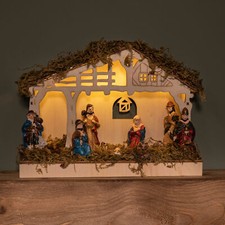 26cm Battery Operated Light up Wooden Nativity Scene with Warm White LEDs