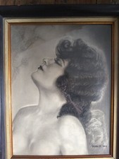 Antique French Charcoal Portrait of a Beautiful Woman by  W. Wante dated 1944